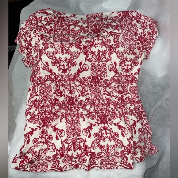 Style & Co Soft Empire Waist V-Neck Red & White Toile Short Sleeved Top, Size L - Picture 5 of 8
